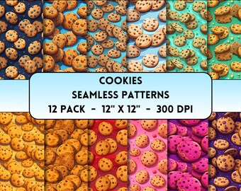 Cookies Seamless Patterns, Cookies Digital Papers, Pastry Designs, Sweet Food Scrapbook Papers, Chocolate Chip Cookie Pattern