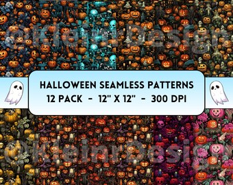 Halloween Seamless Patterns, Spooky Prints, Pumpkin Pattern, Digital Download, Digital Paper, Skeletons and Skulls Seamless, Scary Night Jpg