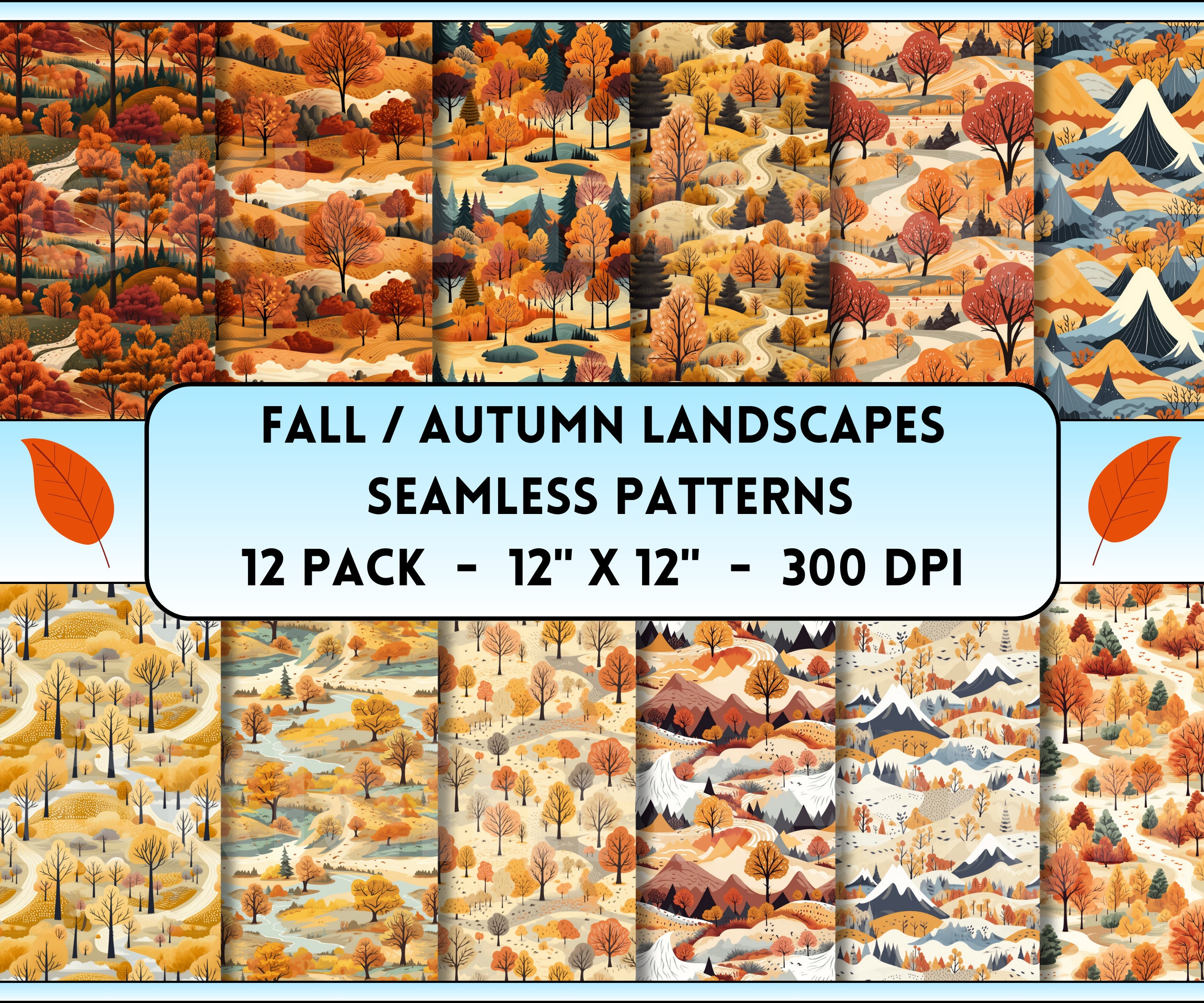 Fall / Autumn Landscapes Seamless Patterns, Collection, Seamless Patterns, Printable Paper, Landscape Art, Autumn Landscapes Fabric Designs