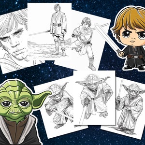 May include: Black and white line art illustrations of Star Wars characters, including Luke Skywalker, Yoda, and a chibi version of Luke Skywalker. The illustrations are on white paper with a black background.