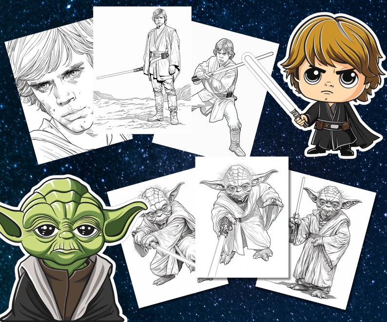 May include: Black and white line art illustrations of Star Wars characters, including Luke Skywalker, Yoda, and a chibi version of Luke Skywalker. The illustrations are on white paper with a black background.