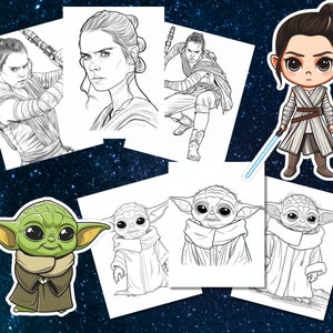 May include: A set of printable coloring pages featuring characters from the Star Wars franchise. The pages include a chibi style Rey, a full-body Rey, and three different poses of Baby Yoda.