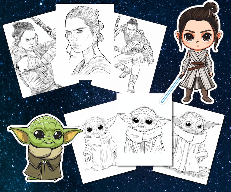 May include: A set of printable coloring pages featuring characters from the Star Wars franchise. The pages include a chibi style Rey, a full-body Rey, and three different poses of Baby Yoda.