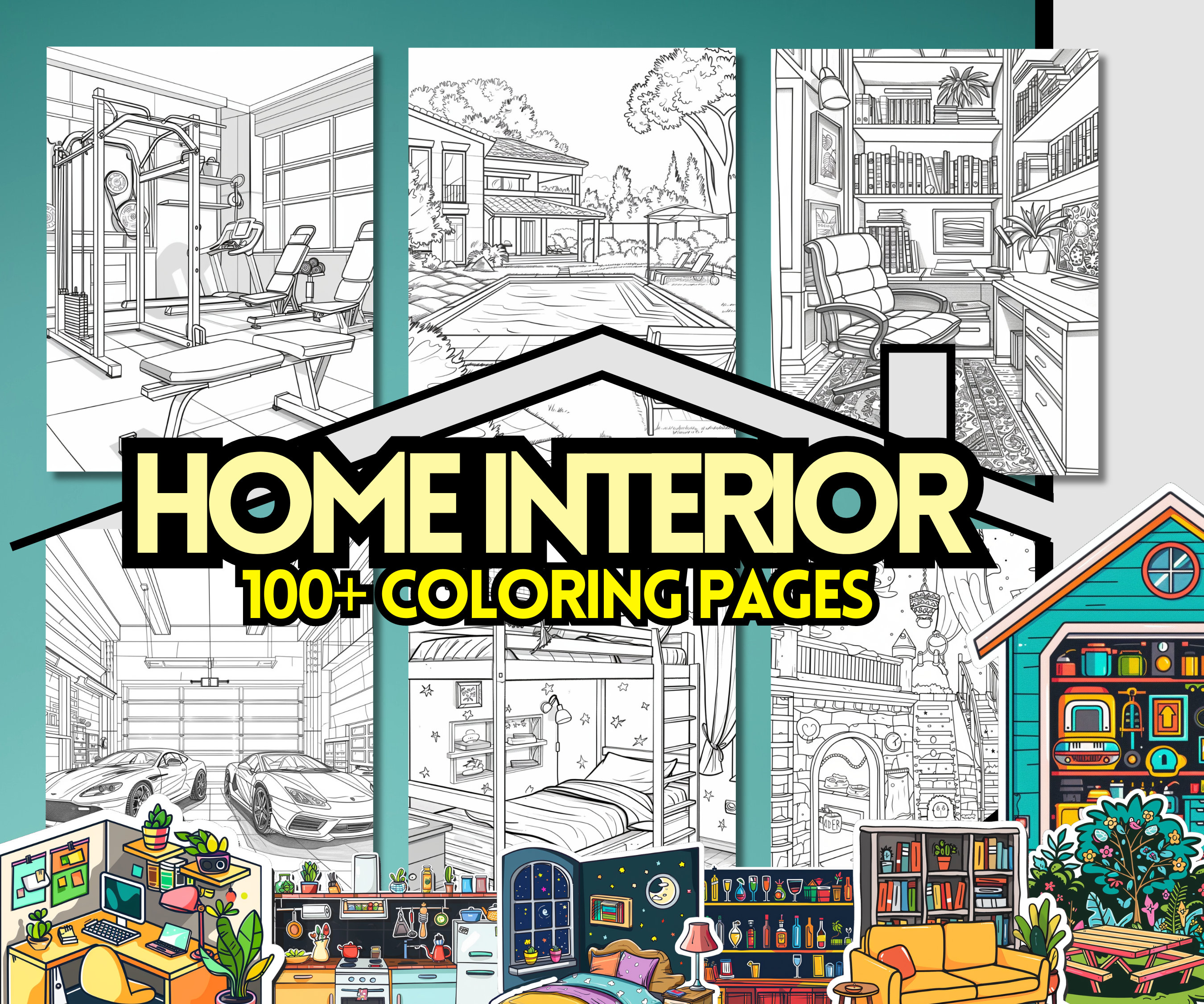 100+ Home Interior Coloring Pages – Interior Design Coloring Sheets for Adults & Kids, Relaxing Printable Art - Image 1