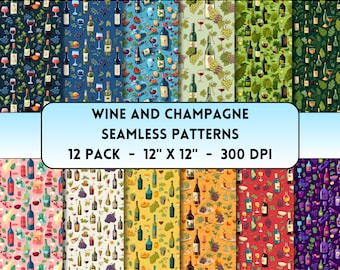 Wine Bottles Seamless Patterns, Champagne Bottles Digital Prints, Printable Scrapbook Papers, Red Wine, White Wine, Grapes, Merlot