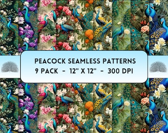 Tropical Peacocks Seamless Digital Paper Set, Printable Digital Paper, Jungle Bird Scrapbooking Pack, Seamless Repeatable Peacock Patterns
