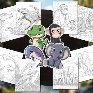 以下が含まれることがあります： ワニ、カエル、イルカ、ゾウ、チンパンジーなど、さまざまな動物が描かれた塗り絵のページ。動物は白黒で描かれており、色を塗る準備ができています。