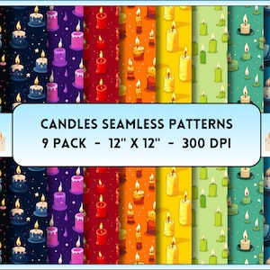 Puede incluir: Nueve patrones digitales sin costuras que presentan velas coloridas en varios diseños. Cada patrón mide 12 pulgadas por 12 pulgadas y 300 DPI.