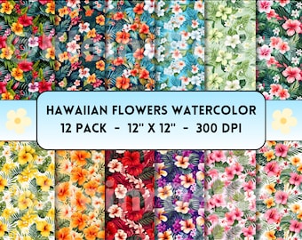 Hawaiian Floral Watercolor Seamless Patterns, Jungle, Playful Hawaii Digital Papers, Digital Backgrounds Bundle, DIY Crafts, Flowers JPG