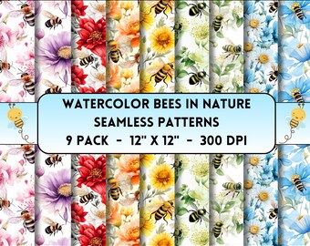Patrones sin costuras de abejas de acuarela, papel digital de abejas, impresión floral, abeja de acuarela, arte floral silvestre, impresión de naturaleza en acuarela, abeja de miel