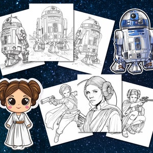 May include: A set of coloring pages featuring characters from Star Wars. The pages include R2-D2, Princess Leia, and a female character with a blaster. The pages are black and white and ready to be colored.