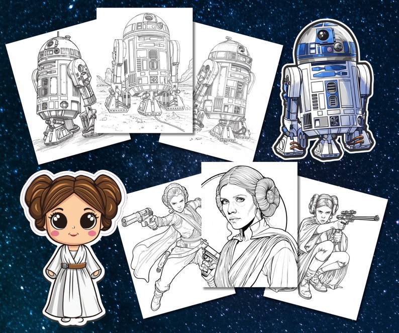 May include: A set of coloring pages featuring characters from Star Wars. The pages include R2-D2, Princess Leia, and a female character with a blaster. The pages are black and white and ready to be colored.