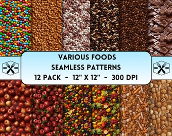 Paquete de alimentos fotorrealistas Patrones sin costuras, patrones de dulces, bocadillos, frijoles, nueces, estampados de pan y frutas