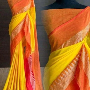 Temple Design Woven Saree Yellow Color For Woman