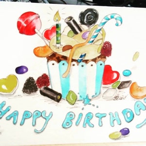 Carte d'anniversaire/carte de voeux aquarelle peinte à la main, 100% personnalisable, unique