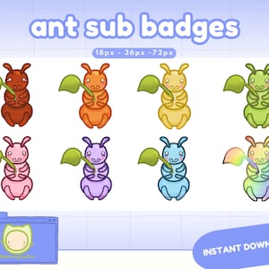 Puede incluir: Conjunto de ocho insignias de hormigas de dibujos animados en varios colores, incluidos rojo, naranja, amarillo, verde, rosa, morado, azul y arcoíris. Cada hormiga sostiene una hoja verde. El texto "ant sub badges" está en la parte superior de la imagen, y el texto "18px - 36px - 72px" está debajo. El texto "INSTANT DOWNLOAD" está en la parte inferior de la imagen.