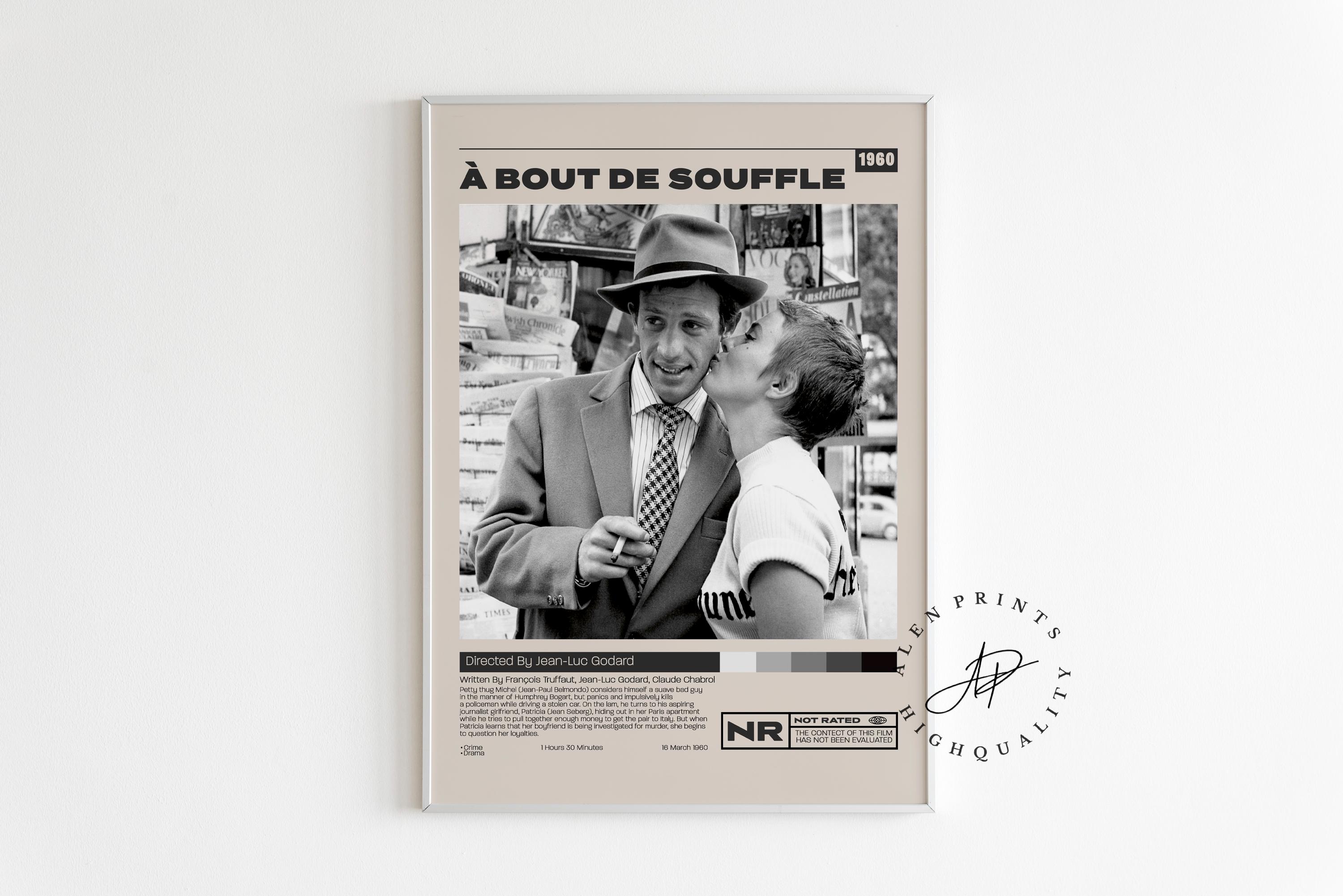 À bout de souffle, Jean-Luc Godard, Minimalist Movie Poster, Vintage Retro Art Print, Wall Art Print, Home decor, Mid century modern