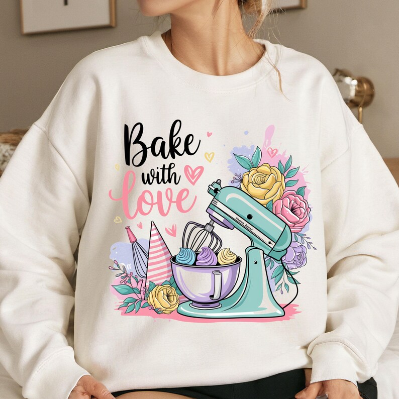 Baka med kärlek png, bakning png, bakningssublimering, retro png, cupcakessublimering, t-shirtdesign, tröja png, sublimeringsdesign. bild 2