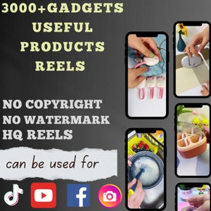 May include: Image showcasing various gadgets and useful products, with text overlay: "3000+ GADGETS, USEFUL PRODUCTS, REELS, NO COPYRIGHT, NO WATERMARK, HQ REELS, can be used for." Social media icons are also present.