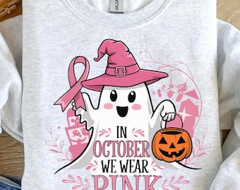 A ottobre indossiamo il rosa svg Png, Sensibilizzazione sul cancro al seno Png, Cancro al seno retrò Png, Fantasma rosa di Halloween png, Maglietta di Halloween regalo arte.