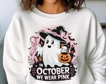 A ottobre indossiamo il rosa svg Png, Sensibilizzazione sul cancro al seno Png, Cancro al seno retrò Png, Fantasma rosa di Halloween png, Maglietta di Halloween regalo art.