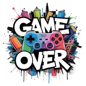 Game Over Png, Diseño de sublimación de controlador de graffiti para juegos, Gráficos urbanos, Gamer png, Amante de los juegos, Jugador de ropa urbana png para camisa.