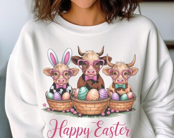 Easter Day Highland Cow PNG, Cute Cow Easter Png, Retro Easter Png, Grand Millennial Easter Png, Toile Easter Rabbit Png Easter Coquette.