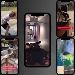 Könnte beinhalten: Eine Collage aus neun verschiedenen Bildern, darunter eine Person, die einen Flur entlangläuft, eine Person auf einem Treppenlaufband, eine Katze, die auf einer Theke sitzt, und ein Gemälde mit abstrakten Formen und Farben.
