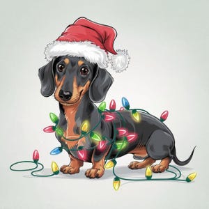 Op de afbeelding: Een cartoon illustratie van een teckel met een kerstmuts en omwikkeld met kleurrijke kerstverlichting. De hond heeft zwart en bruin haar en een vrolijke uitdrukking, perfect voor kerstproducten.