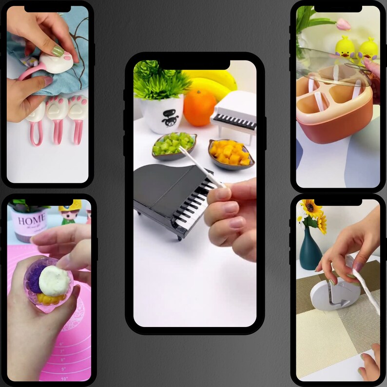 May include: A collection of images displayed on smartphones. The images show various miniature objects, including a piano, fruit, and decorative hooks. The color palette includes white, black, pink, and yellow.
