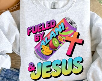 Impulsado por Alani y Jesús png, bebida energética Alani png, necesito alani png, alani png, diseño de camiseta alani para sublimación, transferencias DTF.