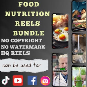 Op de afbeelding: Een verzameling van telefoon schermafbeeldingen die een bundel met food en nutrition reels promoten. De afbeeldingen bevatten tekst zoals "Food", "Secrets Your Doctor Doesn't Want", "Are", "Don't Want You", en "Increases Satiety and Reduces".