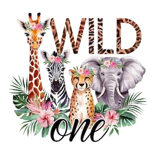 Wild One 1e verjaardag Safari Jungle dieren Kids ontwerp Aquarel effect T-shirt transfer ontwerp PNG, digitale download