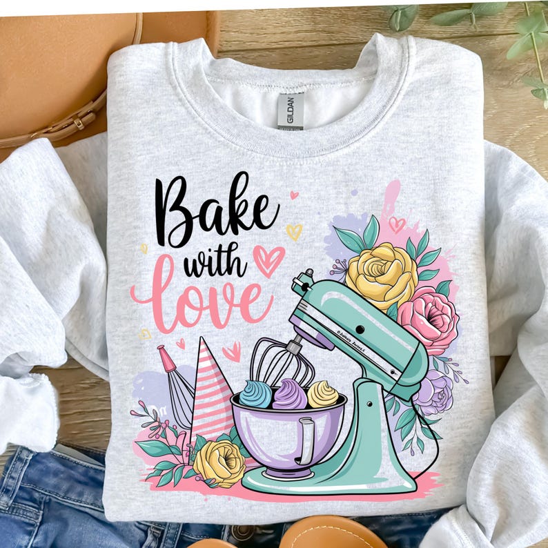 Baka med kärlek png, bakning png, bakningssublimering, retro png, cupcakessublimering, t-shirtdesign, tröja png, sublimeringsdesign. bild 1