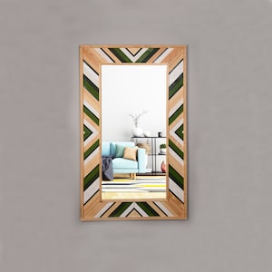 Reclaimed Handmade Modern Wood Mosaic Wall Hanging Framed Large Mirror, Custom Colorful Mirror For Rustic Home Decor Living Room Farmhouse