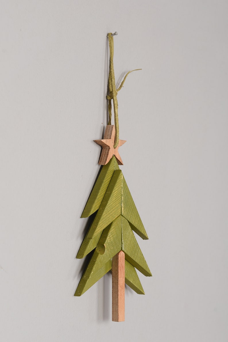Handmade Christmas Tree Ornament Gift , Natural Wooden Mosaic Christmas Tree, Holiday Decor, Wall Hanging Decor image 3