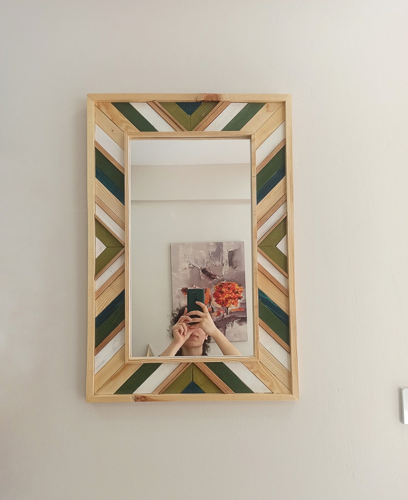 Reclaimed Handmade Modern Wood Mosaic Wall Hanging Framed Medium Mirror, Custom Colorful Mirror For Modern Home Decor Living Room-bedroom image 1