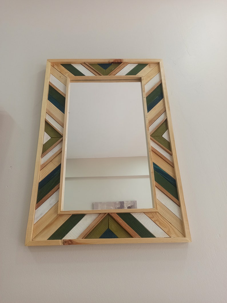 Reclaimed Handmade Modern Wood Mosaic Wall Hanging Framed Medium Mirror, Custom Colorful Mirror For Modern Home Decor Living Room-bedroom image 6