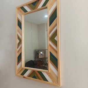 Reclaimed Handmade Modern Wood Mosaic Wall Hanging Framed Medium Mirror, Custom Colorful Mirror For Modern Home Decor Living Room-bedroom image 7