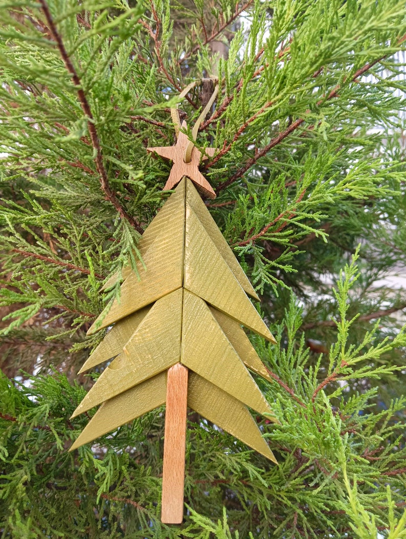 Handmade Christmas Tree Ornament Gift , Natural Wooden Mosaic Christmas Tree, Holiday Decor, Wall Hanging Decor image 6