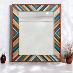 Handmade Geometric Wood Mosaic Mirror Frame - Boho Wall Art Decor, Unique Wooden Wall Mirror