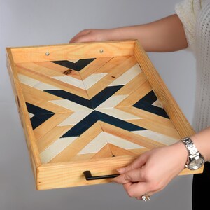 Wood Mosaic Serving Tray with Handles - Custom Wood Tray - Wooden Coffee Serving Tray - Gift for Mom -House Gift - Serving Tray Living Room