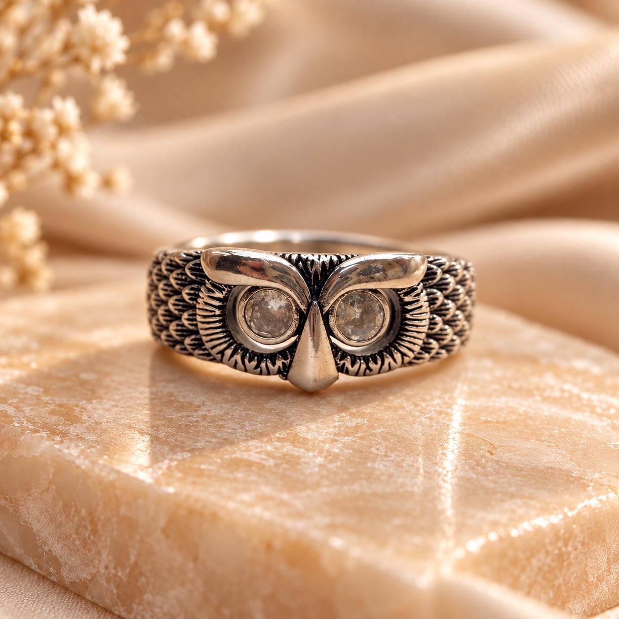 Owl Ring Sterling Silver, Adjustable Owl Face Ring with Textured Wings, Woodland Bird Jewelry, Gift