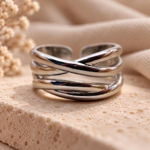 Crossover Wrap Ring – Adjustable 925 Sterling Silver, Polished Wide Band