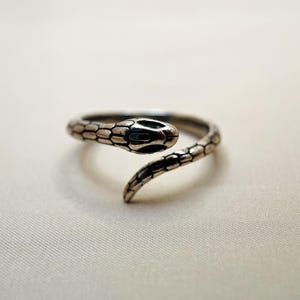 May include: A silver-toned metal ring shaped like a coiled snake. The band features a detailed, textured scale pattern throughout its length, with the snake's head clearly defined at one end and the tapering tail forming the other end of the wrap.