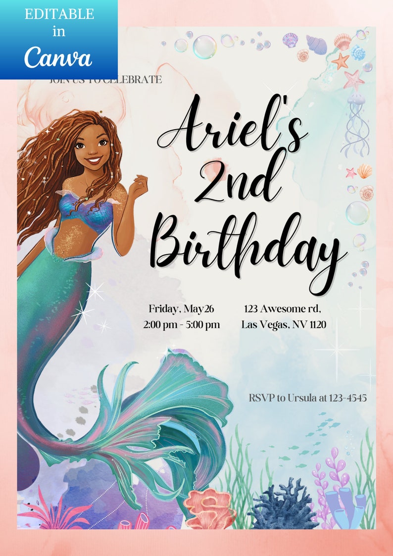 LIFETIME ACCESS EDITABLE Little Mermaid Under the Sea Ariel Birthday ...