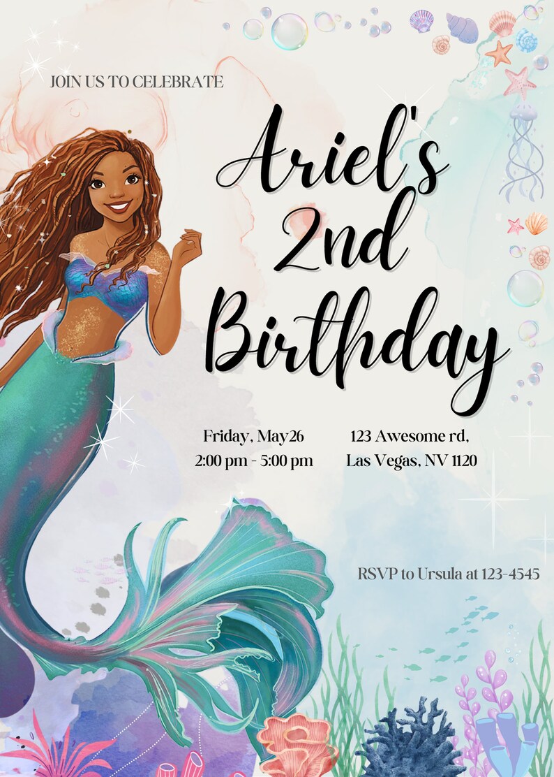 LIFETIME ACCESS EDITABLE Little Mermaid Under the Sea Ariel Birthday ...