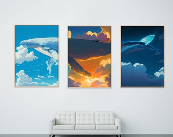 Humpback Whale Wall Art, Flying Whale, Fantasy & Sci Fi, Anime Style, Set Of 3, Whale Art Print, Whale Triptych, INSTANT DOWNLOAD