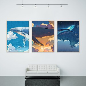 Bultrug walvis kunst aan de muur, aquarel, vliegende walvis, Fantasy & Sci Fi, set van 3, walvis Art Print, walvis drieluik, INSTANT DOWNLOAD
