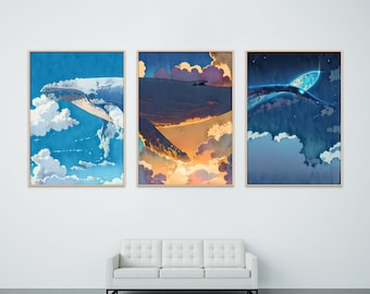 Humpback Whale Wall Art, Water Color, Flying Whale, Fantasy & Sci Fi,  Set Of 3, Whale Art Print, Whale Triptych, INSTANT DOWNLOAD